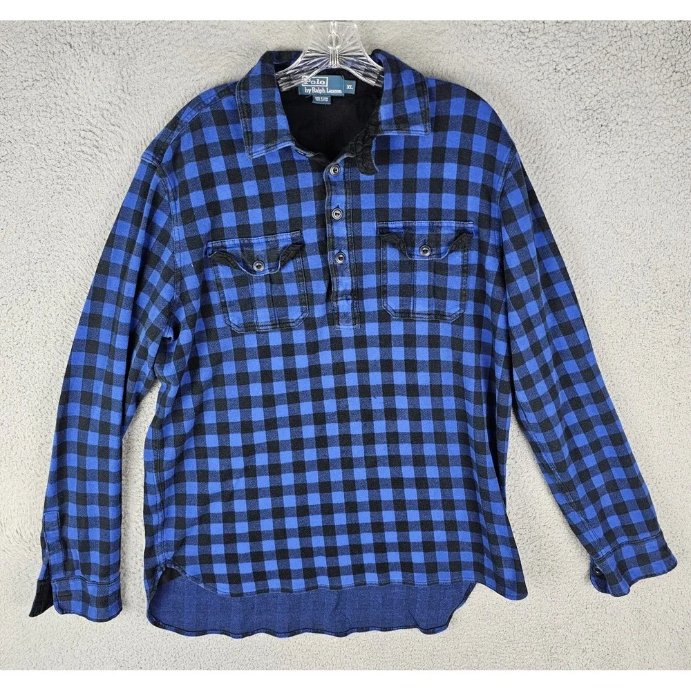 Polo Ralph Lauren Rugby Flannel Shirt Men's XL Plaid Long Sleeve Half‎ Button-Up
